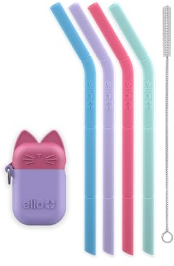 Ello Impact 6-Pack Reusable Silicone Straws with Fold & Store Carry Case, Portable Drinking Straw for Party Travel Cruise Ship, Includes Straw Cleaning Brush, Cat