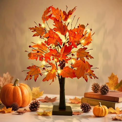 Arbre Lumineux en Forme de Feuille d'érable avec 24 LED, Guirlande Lumineuse en Forme de Feuilles d'eucalyptus pour la décoration d'automne, Arbre Lumineux avec minuterie 61 cm