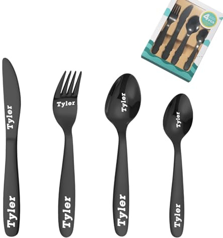 Custom Engraved Cutlery Set, 1 Set of 4 Pieces, Personalised Adult Cutlery Set, Fork, Knife, Spoon and Teaspoon Engraved Stainless Steel Flatware Set
