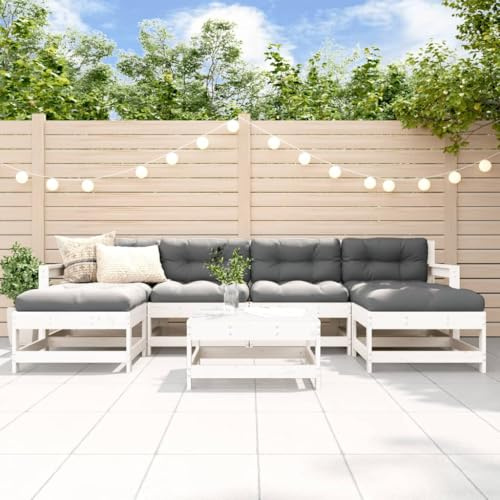Qnhdfrt Set lounge da giardino bianco in legno di pino massiccio, 7 pezzi, con divano ad angolo, parte centrale e sgabello, come tavolino da caffè per terrazza, balcone, giardino