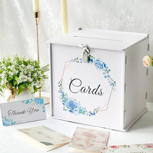 Cvkwe White Wedding Card Box with Lock PVC Post Box with Thank You Sign | Wedding Post Boxes for Cards, Blue Rose Wreath Design, Easy Assembly, Sturdy Build & Secure Lock Closure, for Receptions