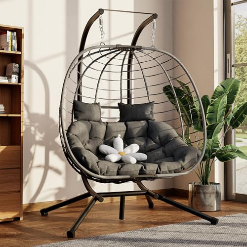 Amopatio Double Egg Chair with Metal Stand & Cushion, 2 Seaters Rattan Wicker Swing Chair Indoor Outdoor, Foldable Hanging Chair for Garden,Patio, Balcony, Porch, Grey