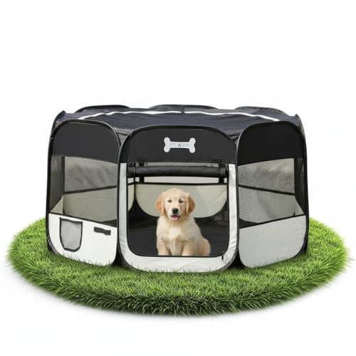 Mucola Pop-Up Welpenlaufstall – Faltbarer Welpenauslauf 125x125x64 cm – 600D Oxford wasserdicht, Netzabdeckung & Tragetasche – Leichter mobiler Hunde Laufstall für drinnen & draußen
