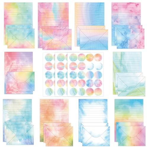 FUNCLASS Stationary Letter and Envelopes, 160 Pcs Watercolor Stationary Set with 50 Lined Stationery Paper 50 Envelopes, 5.5 x 8.25 Inches Cute Stationary, Gifts for Kids, Girls