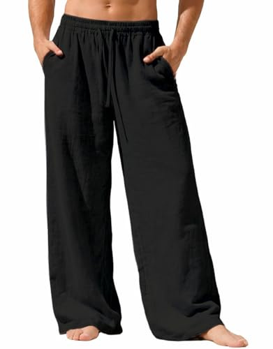 Nuofengkudu Hombre Algodon Lino Pantalones Ancho 3 Bolsillos Casual