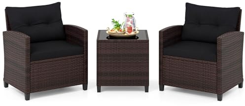 FANTASK 3-TLG. Rattan Gartenmöbel Set, Gartenmöbel Set inkl. 2 Sessel, Kissen & Tisch mit gehärteter Glasplatte, Balkonmöbel für 2 Personen, Wetterfeste Sitzgruppe für Garten (Mix Braun + Schwarz)