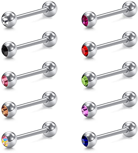 VCMART 10pcs Metal Tongue Bars 14G Surgical Steel 12-18mm Straight Barbells Set Piercing with Crystal