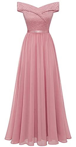 Bbonlinedress Abito da Sera da Donna Abiti Lunghi Eleganti con Spalle Scoperte Abito da Sposa in Chiffon di Pizzo Abito da Damigella d'Onore Abito da Sera -2Blush XL