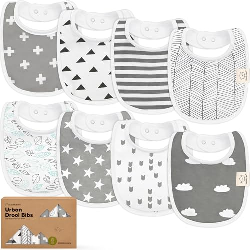 8-Pack Bio Lätzchen Baby für Jungen, Mädchen - Weiche Baumwolle zum Sabbern und Zahnen Sabberlätzchen, Saugfähig, Leicht Zu Reinigen und Anzulegen Baby Bibs für Kleinkind, 0-24 Monate(Grayscape)