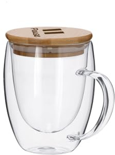Giomel Tazza Mug in Vetro con Coperchio in Bambù Personalizzabile con Logo Grafica o Testo Idea Regalo Simpatica ed Originale per ogni Occasione