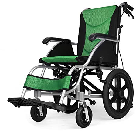 Rollstuhl Faltbar Leicht Aluminium Reiserollstuhl, Klappbar Schmaler Rollstuhl für Wohnung, Transportrollstühle mit Trommelbremse, Klappbare FußStützen, Belastbarkeit 150 kg, Grün,40cm hinterrad