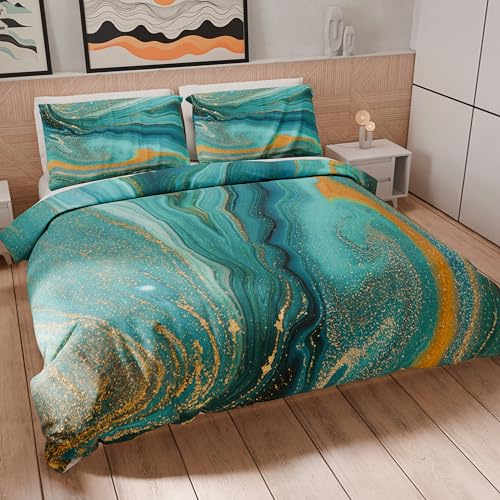 PETTI Artigiani Italiani - Set Copripiumino Matrimoniale 250x200 cm (2 Federe 50x80 cm Incluse), Parure Copripiumino Morbida Microfibra con Stampa Digitale - Made in Italy - Marble Verde