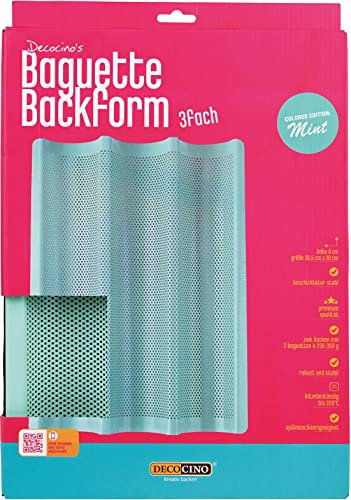 Decocino Moule à baguette 38,5 x 28 cm - Édition menthe - Plaque de cuisson de qualité supérieure avec revêtement antiadhésif - Pour la cuisson de 3 baguettes - Passe au lave-vaisselle