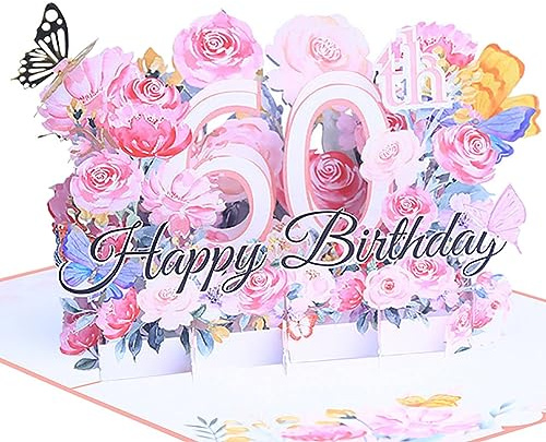 Geburtstagskarte zum 60. 3d blume pop up geburtstag karte Grußkarten Geschenk-Karte mit Umschlag Happy Birthday Greeting Card für sechzig 60 jahre frau, Mütter, Freunden, Familie women wife (Rosa)