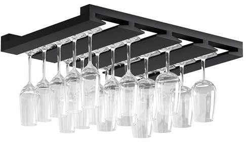 Rustic State Eze 4 Sectional Under Cabinet Mount Wood Stemware Rack Hanging Shelf Glassware Holder Bar Organizer with up to 12 Wine Glass Storage 12 Inch Deep - Black