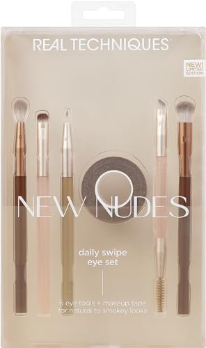 REAL TECHNIQUES New Nudes Daily Swipe Eye Kit, 7 Piece Set, Synthetic Bristles, Cruelty-Free & Vegan, Includes 6 Eyeshadow & Eyebrow Brushes, Makeup Tape, For Natural Or Smokey Makeup Look