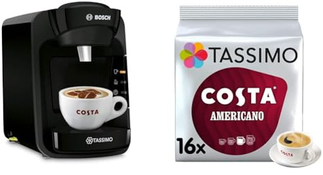 Tassimo by Bosch Suny 'Special Edition' TAS3102GB Coffee Machine,1300 Watt, 0.8 Litre - Black With Costa Americano Bundle x 80 drinks