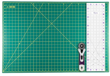 The Quilted Bear 24 x 36 Heavy Duty Self Healing 5 Layer Cutting Mat with 6.5 x 24 Non-Slip Ruler & 45mm Ergonomic Soft Grip Rotary Cutter (Green)
