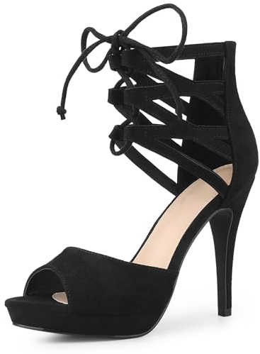 Allegra K Sandalias de tacón alto con plataforma tipo gladiador con tiras y puntera abierta para mujer, Black, 39.5 EU