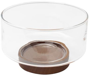 KVMORZE Ensaladera de vidrio de 9 x 9 x 5 con base de madera, cuenco de frutas transparente, diseño de gran capacidad, plato versátil para aperitivos, postres, pasta, microondas y lavavajillas,