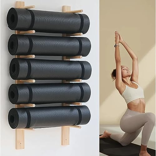 Soporte de madera para esterilla de yoga, soporte de pared para gimnasio en casa, organizador de pared que ahorra espacio para rodillos de espuma y accesorios de fitness, elegante organizador de