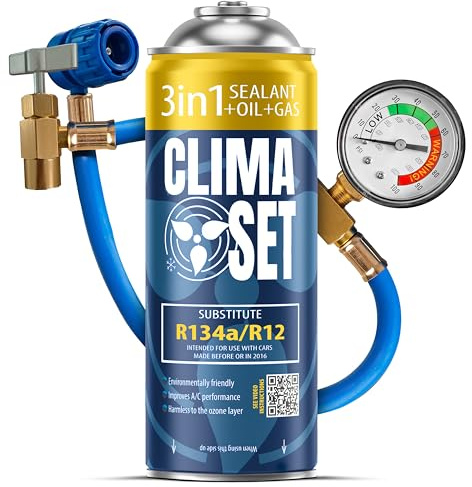 ClimaSet 3in1 R134a Kältemittel Ersatzgas - Kühlmittel Klima Auto mit Klima Dichtmittel und Öl - Gasflasche 1x170 g Auto Klimaanlage Nachfüllset - Klimaanlage Wohnmobil Klimaanlage Schlauch