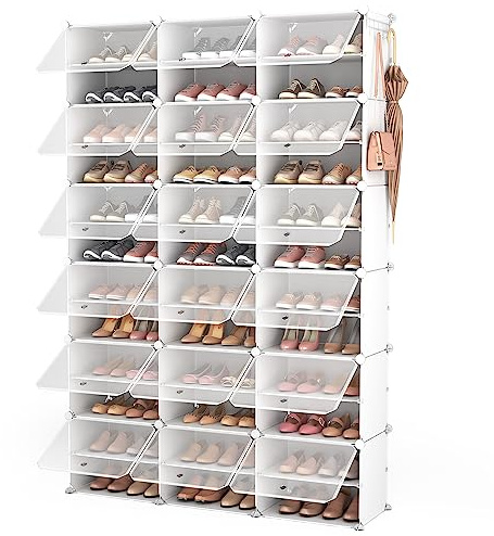 Vicye Schuhregal mit 12 Ebenen, Schuhschrank Hoch für 72 Paar Schuhe, Schuh-Organizer aus Kunststoff mit Transparenter Tür für Flur Schlafzimmer Eingang (Weiß, 3 x 12)