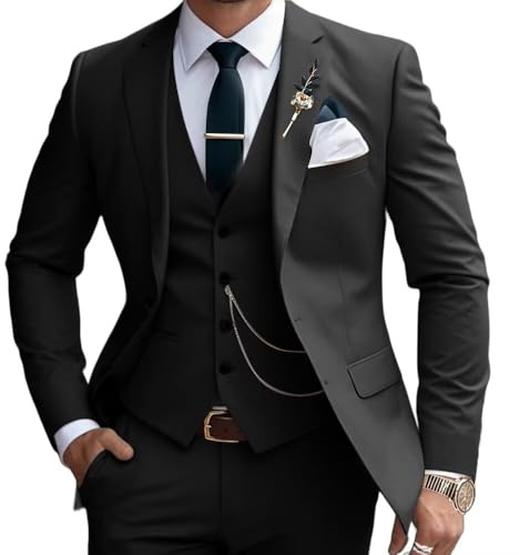 Lanshion 3-teiliges Anzug-Set für Herren, 2 Knöpfe, schmale Passform, Gekerbtes Revers, solide Blazer, Weste, Hose, Schwarz, S