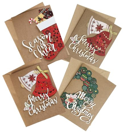 MORAINJAY 4 Stück Weihnachtskarten mit Umschlag Aufklebern Set, Klappkarten Weihnachtsgrußkarten Kraftpapier Karten Postkarten für Weihnachten, 3D Pop Up Grußkarte für Familie Freunde Weihnachtsgrüße