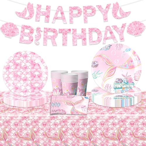 Girls Birthday Party Decorations, Girls Pink Mermaid Party Tableware, Tablecloth Paper Plates Party Supplies Birthday Banner 16 Guests