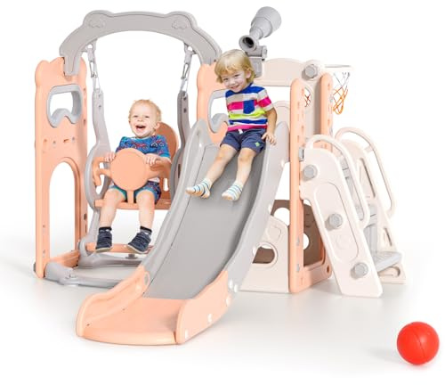 Kinderschaukel- und Rutschenkombination mit Schaukelset, verstärkte Rutsche, 170 cm extra Lange Rutsche, verdicktes Material, Stabiler, geeignet für Outdoor-/Indoor-Spielplätze für Kinder (Rosa)