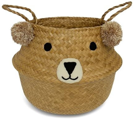 Handgefertigter Seegras-Korb mit Teddybär-Design, vielseitiger Aufbewahrungskorb für Spielzeug, Wäsche, Decken oder als Pflanzentopf, Flechtkorb mit Henkeln für Kinderzimmer und Wohnräume (31x38cm)