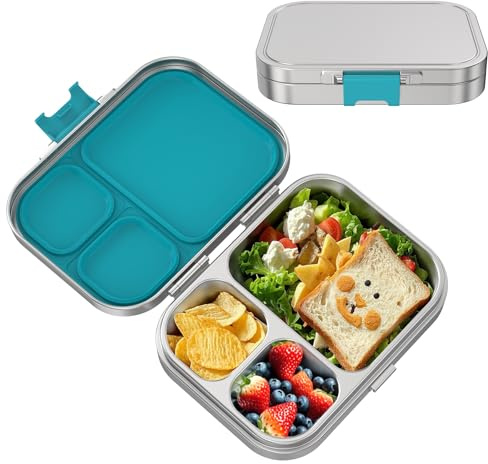 VITONIS Edelstahl Brotdose Kinder, Metal Bento Lunch Box Kinder Brotdose Kids mit 3 Fächern und Dichtring, Lunch Box Geeignet für Kinders und Erwachsene, Spülmaschinenfest