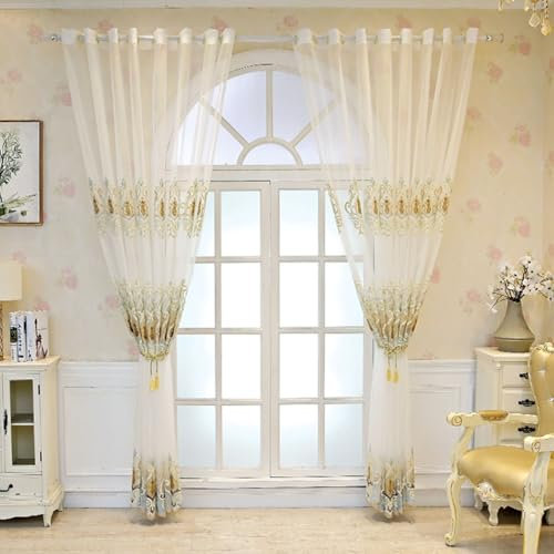 Wycian Fertiggardinen Makramee Vorhang Weiß Gelb Voile 2er Pack Vintage Blumenmuster H244 x B107 cm (2er Pack) Polyester