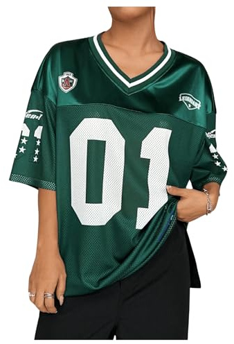 GORGLITTER Women's Letter Graphic Loose Jersey Oversized T Shirts V Neck Half Sleeve Mesh Streetwear Tops Green Small