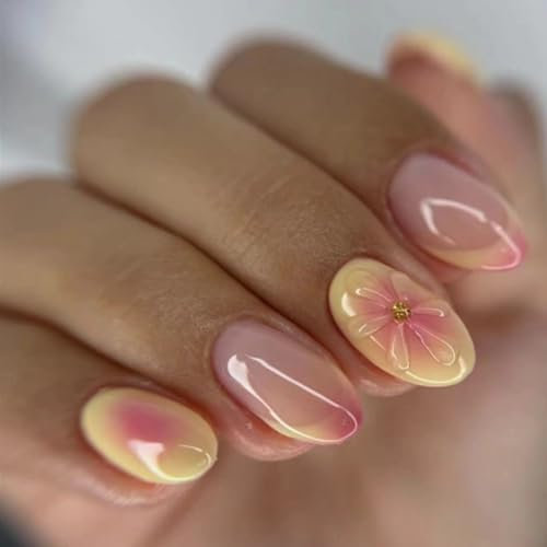GlamRays Ongles à Presser Courts Amande French Tip Faux Ongles Faux Ongles avec Design Fleur 3D Jaune & Rose Ongles à Coller Brillants Ongles en Acrylique 24 Pièces