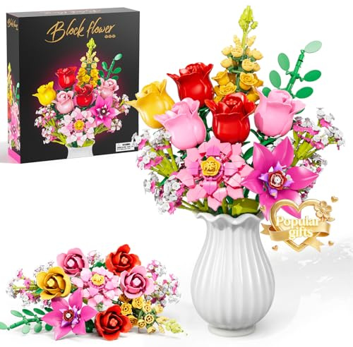 MITIZBLOX Coffret Fleurs Artificielles à Assembler, 765 Pièces Roses Roses en Plastique, Collection Botanique Décoration Maison Cadeau Fête des Mères/St-Valentin, Pour Filles Femmes Adultes Enfants 6+