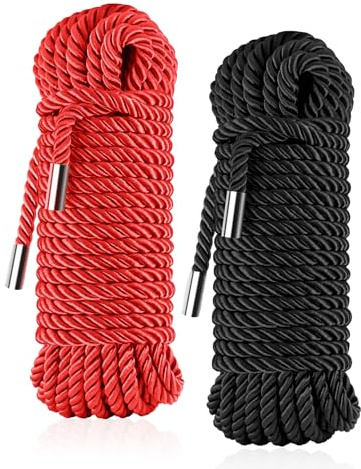 Silky Soft Braided Nylon Rope - Skin-Friendly & Durable Satin Braided & Twisted Cord, 8mm Thick x 32ft, Includes Storage Bag (Black Red)