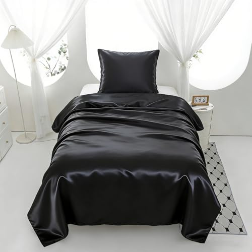 Morbuy Satin Bettwäsche 135x200, Kühlende Bettwäsche Schwarz Bettwäsche-Sets Seidig Bettbezug 135 x 200 mit Reißverschluss, 1 Kissenbezüge 80x80