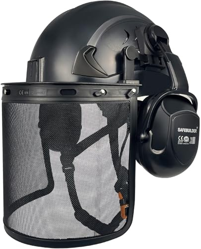 SAFEBUILDER Forestry Hard Hats Type 2 Safety Helmet Chainsaw Work Head Protection Foam Liner Vented Outdoor Industrial ANSI Approved (G2C-Black+Mesh Face Shield)