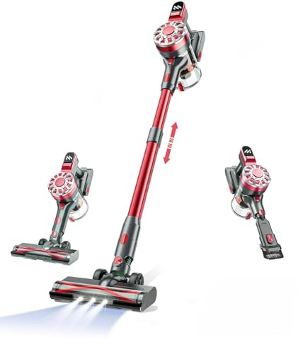 WLOTPO Cordless Vacuum Cleane,Stick Vacuum Cordless Rechargeable with Super Suction,Hardwood Floor Vacuum for Home Pet Hair, Carpets, Tile(Deep Red)