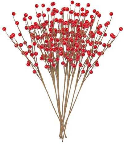 12 piezas de tallos artificiales de bayas rojas, bayas de Navidad, bayas de acebo, ramas de bayas falsas, púas de bayas rojas artificiales, decoración de corona de Navidad, decoración de árbol de