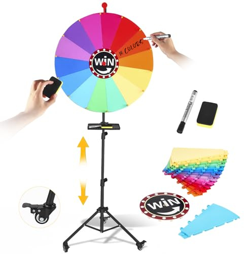 Roue de la Fortune 60 cm Mobile sur roulettes pivotantes 360°, 14 emplacements, Hauteur réglable 90-165 cm, Roue de Jeu Parfaite pour Les fêtes, Pubs, foires et carnavals