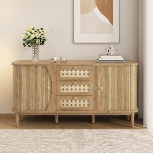 Bladez Aparador de ratán con aspecto de nogal con puertas correderas, cajones, estantes ajustables, armario de almacenamiento para salón, comedor y pasillo (natural + aglomerado)