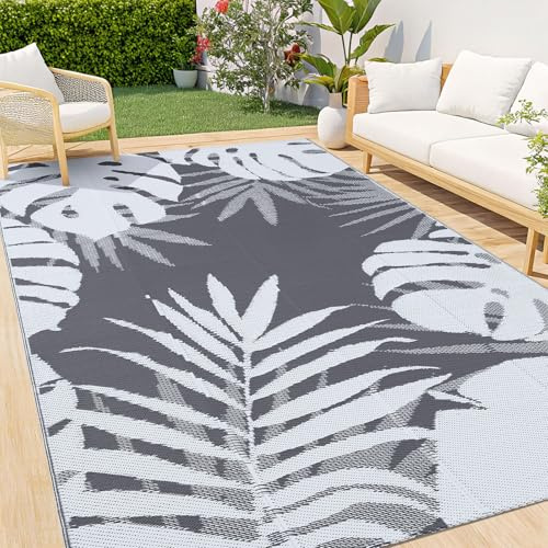 Homaxy Outdoor Teppich Wetterfest, 120x180cm, Weiß & Grau | Kunststoff Stroh Faltbar Waschbar UV-beständig Wendbar Balkon Garten Teppich für Terrasse Picknick Camping