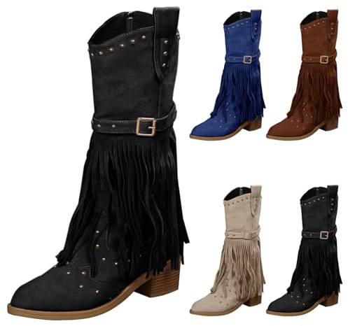Generiska cowboystövlar för kvinnor med fransar stövlar mocka med klack vintage arbetsstövlar halvhöga riddarstövlar blockklack snöstövlar långa västerländska stövlar vattentäta vinterstövlar, svart