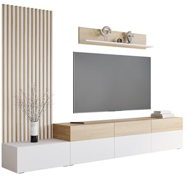 Mirjan24 Wohnwand Narezi, Elegantes Wohnzimmer-Set mit dekorativen Lamellen, Anbauwand mit Wandpaneele, TV-Lowboard, und Wandregal, Fernsehschrank (Weiß/Eiche Cremona, Breite: 300 cm)
