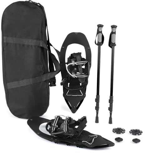 GYMAX EnsembleRaquettes avec Bâtons de Trekking Réglables, Raquettes Tout-Terrain en Aluminium avec Sac de Transport, Paniers à Neige/Boues, pour Hommes, Femmes, Adolescent (Noir,35-40 EUR)