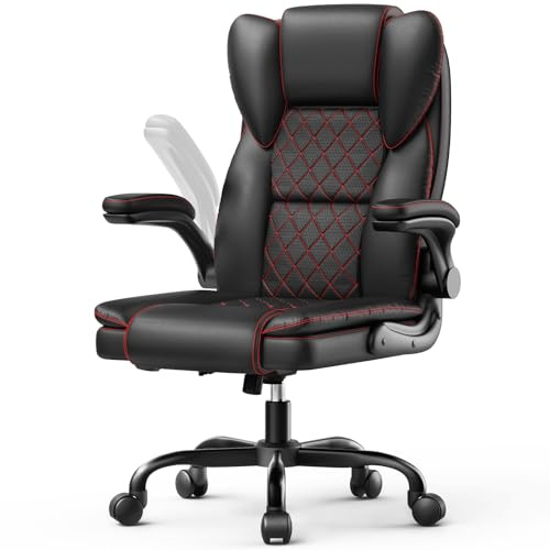 rattantree Bürostuhl, Großer Ergonomischer Bürostuhl mit Verstellbarer Lendenwirbelstütze, PU Leder Chefsessel, Drehstuhl mit Hochklappbaren Armlehnen, Liegestuhl für Büro und Zuhause, Schwarz