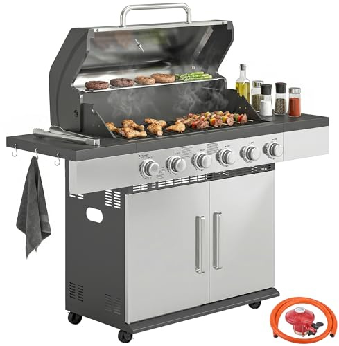Outsunny 6 Burner Liquid Propane Gas BBQ Grill, Outdoor Portable Gas Barbecue Grill with Warming Rack, Side Tables, Storage Cabinet, Thermometer, 4 Wheels, Grease Tray for Outdoor Cooking, Silver
